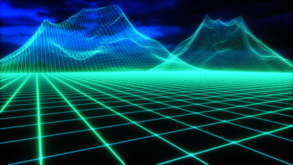 mountains in a digital grid world (3d rendering) © rtype
