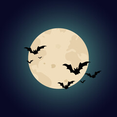 Halloween background. The moon and bats on a dark background. Night sky.Halloween design. Vector illustration