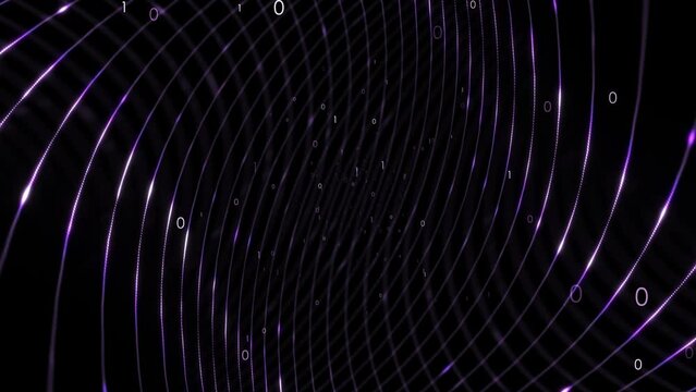 Abstract curvy digital tech metaverse data travel lines with binary code seamless looping background. Dark copy space animation.