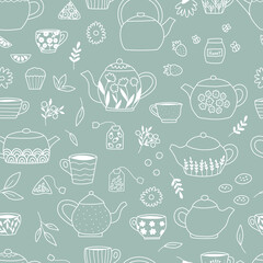 Seamless pattern with tea pots, cups, tea bags, sweets and berries on green background. Hand drawn doodle mugs. Vector illustration.