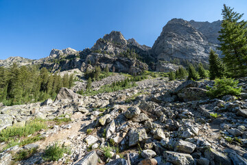 Scree and rock boulders along the Cascade Canyon trail in Grand Teton National Park Wyoming USA