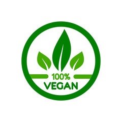100% Vegan vector icon, farm fresh and natural product sticker and badge for food market and restaurants, nonviolent and healthy food, healthy life and premium quality food