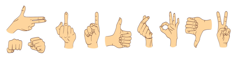 Set of hands in different gestures , hand showing signal or sign collection