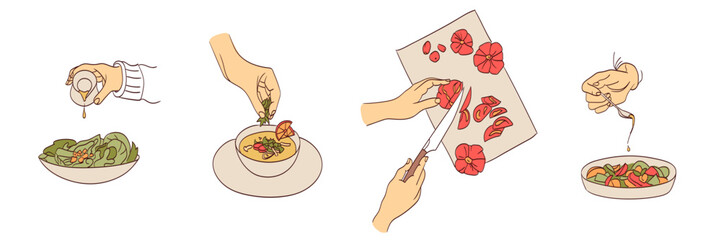 Hands cooking food, top and side view. Worktop with cutting boards, ingredients, meals. People cook salad, soup for lunch and dinner. Flat vector illustrations hand drawn.