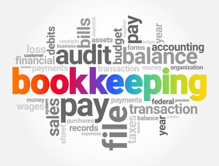 Fototapeta premium Bookkeeping is the recording of financial transactions, and is part of the process of accounting in business, word cloud concept background