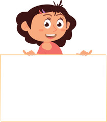 Funny cartoon girl holding white board. Blank banner template