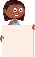 Black girl holding empty board. Cartoon kid with white banner