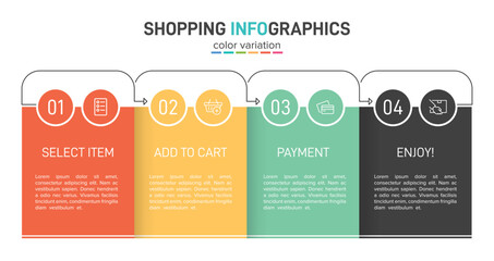 Fototapeta premium Concept of shopping process with 4 successive steps. Four colorful graphic elements. Timeline design for brochure, presentation, web site. Infographic design layout.
