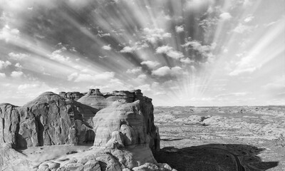 Black and white aerial view of Arches National Park, Utah