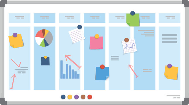 Kanban board with business strategy. Cartoon plan stickers