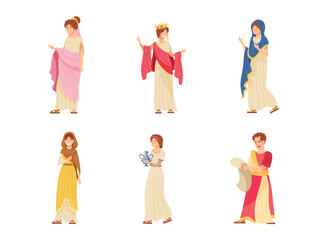 Romans Man and Woman in Traditional Ethnic Clothing Vector Illustration Set - obrazy, fototapety, plakaty