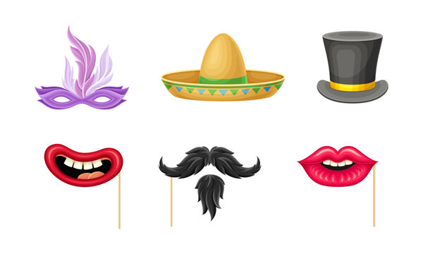 Party Birthday Photo Booth Prop with Moustache and Sombrero Hat Vector Set