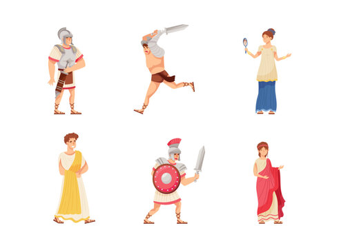 Romans Man and Woman in Traditional Ethnic Clothing with Warrior and Patrician Vector Illustration Set