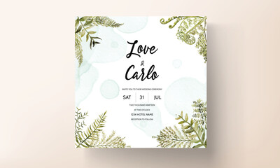 wedding invitation card template with watercolor leaves