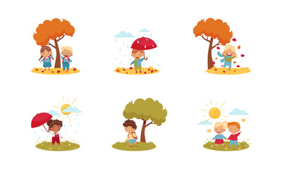 Naklejka premium Kids Enjoying Autumn and Spring Season Walking Outdoor Vector Set.