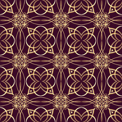 Seamless ornamental royal surface pattern in golden color with maroon background. Use for fashion design, clothing, fabrics, home decoration, bedding, wallpapers, invitations and greeting cards