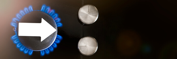 Gas price. Supply chains and the energy gas crisis. Gas stove with a burning flame and a graph arrow pointing up