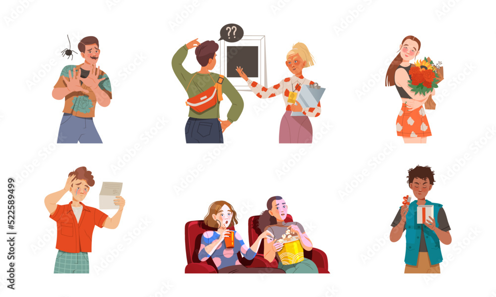Poster people character looking at something with different face expression and emotion vector illustration