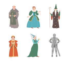Fabulous Medieval Character from Fairytale with Magician and Kind Fairy Vector Set