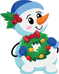 Naklejka premium Christmas snowman. Cartoon character with decorative wreath