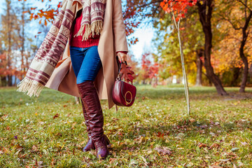 Fashionable woman wearing stylish clothes boots and accessories walking in fall park. Autumn female...
