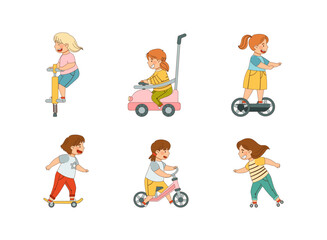 Little Kids Driving Electric Car and Riding Hoverboard Enjoying Outdoor Activity Vector Set