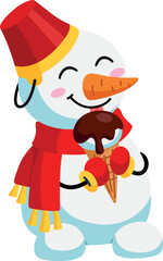 Happy snowman with ice cream. Tasty dessert for winter mascot