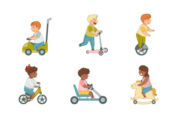 Little Kids Driving Electric Car and Riding Scooter Enjoying Outdoor Activity Vector Set