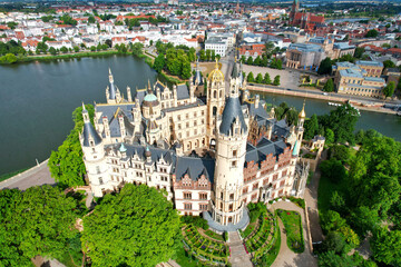 Schwerin Castle in Germany Europe aerial view nice weather the most beautiful castle