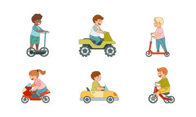 Little Kids Driving Electric Car and Riding Scooter Enjoying Outdoor Activity Vector Set