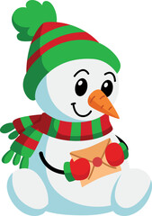 Smiling snowman with greeting letter. Happy holidays mascot