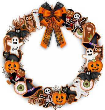 halloween wreath with gingerbread cookies and bow. halloween round frame with gingerbreads and space of your text