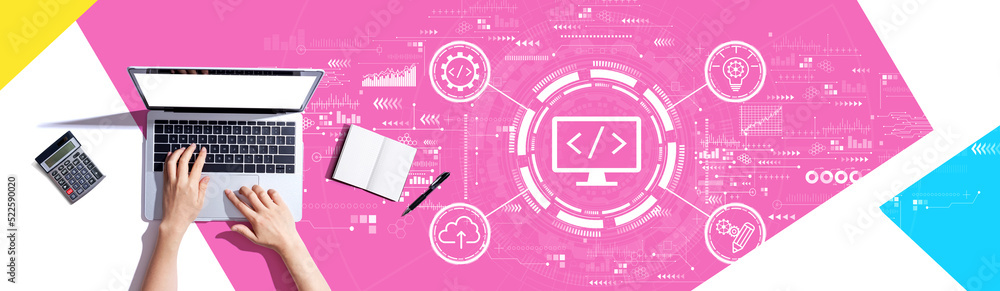 Poster web development concept with person using a laptop computer
