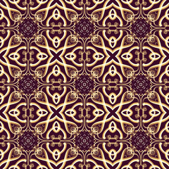 Seamless ornamental royal surface pattern in golden color with maroon background. Use for fashion design, clothing, fabrics, home decoration, bedding, wallpapers, invitations and greeting cards