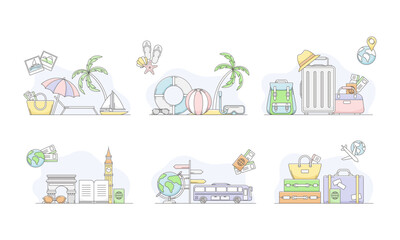 Travelling Around the World and Journey to Other Country for Vacation Line Vector Set