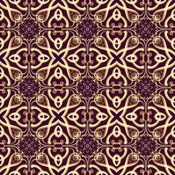 Seamless ornamental royal surface pattern in golden color with maroon background. Use for fashion design, clothing, fabrics, home decoration, bedding, wallpapers, invitations and greeting cards