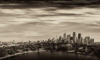 Fototapeta premium Sydney Harbour aerial panoramic view at sunset, New South Wales, Australia