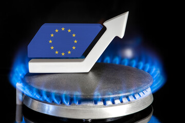 Gas price. Rise in gas prices in European Union. A burner with a flame and an arrow up, painted in...