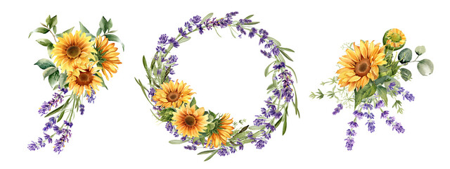 Sunflower and lavender flowers clipart. Watercolor illustration isolated on white background. Floral bouquet, wreath. Perfect for greeting card, poster, rustic wedding invitation © Nataliya Kunitsyna