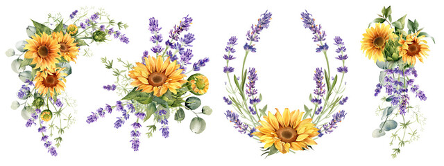 Sunflower and lavender flowers. Watercolor illustration isolated on white background. Floral bouquet, border, wreath. Perfect for greeting card, poster, rustic wedding © Nataliya Kunitsyna