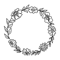 Hand drawn floral wreath. Botanical wreath in line style. Doodle vector illustration.