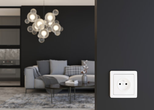 White electric socket on the wall at home. Close up view. Save electricity, electricity is getting more expensive. Energy crisis, energy price. 3d rendering.