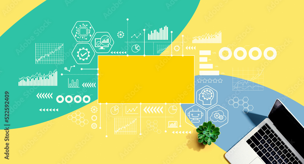 Aufkleber digital transformation and technological revolution concept with a laptop computer on a yellow, gree