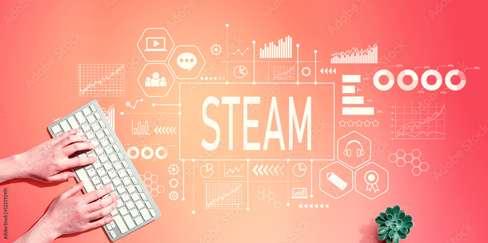 Poster steam concept steam with person using a computer keyboard