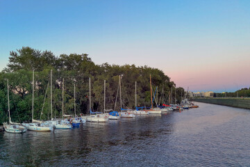 Fototapeta na wymiar Marina of Krestovsky island, the river Average Nevka, in the summer. St. Petersburg