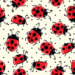 Fashion animal seamless pattern with colorful ladybird on white polka dots background. Cute holiday illustration with ladybags for baby. Design for invitation, card, fabric, textile
