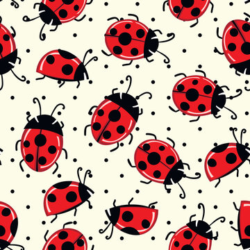 Fashion animal seamless pattern with colorful ladybird on white polka dots background. Cute holiday illustration with ladybags for baby. Design for invitation, card, fabric, textile