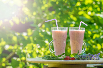 Glass of fresh strawberry milkshake, smoothie and fresh strawberries in garden on wooden table and green background. Healthy food and drink concept.