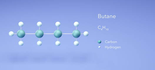 butane, colorless gas, molecular structures, 3d rendering, Structural Chemical Formula and Atoms with Color Coding