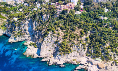 Amazing aerial view of Capri Island coastline in summer season, Italy. Drone viewpoint